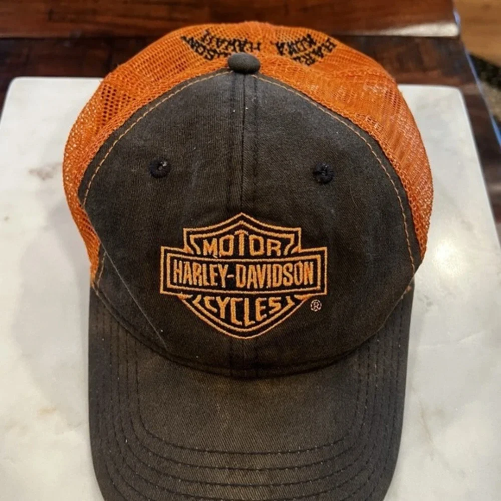 Harley-Davidson‎ Trucker Hat Big Island Hawaii Orange Mesh Black Cap Motorcycle